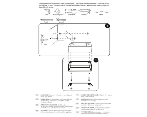 Monteringsanvisning för tvättställ med verktyg och fästelement