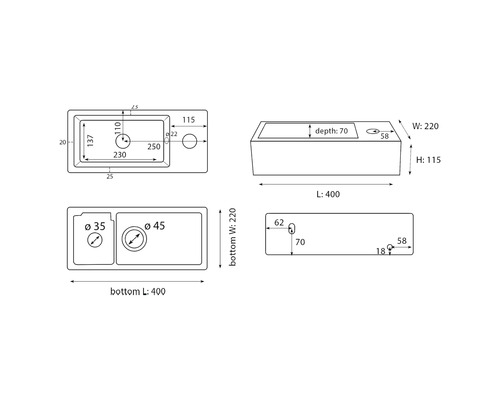 Teknisk ritning av ett tvättställ med mått.