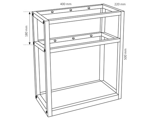 Ritning av ett tvättställsskåp med måtten 400 mm bredd, 220 mm djup och 500 mm höjd.