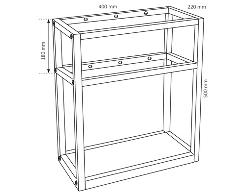 Ritning av ett tvättställsskåp med måtten 400 mm bredd, 220 mm djup och 500 mm höjd.
