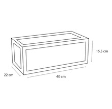 Illustration av en blomlåda med måtten 40 cm längd, 22 cm bredd och 15,5 cm höjd
