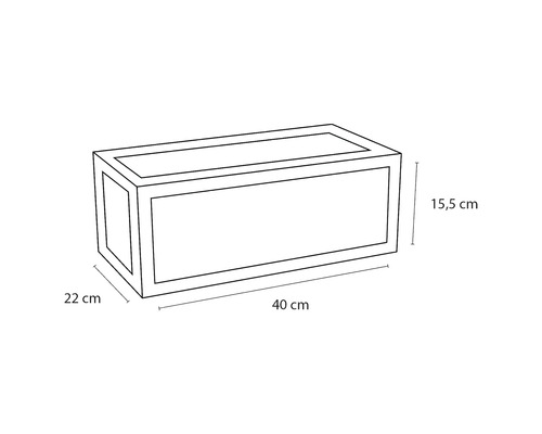 Illustration av en blomlåda med måtten 40 cm längd, 22 cm bredd och 15,5 cm höjd