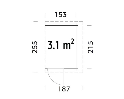 Planritning med mått för ett trädgårdshus, yta 3.1 kvadratmeter