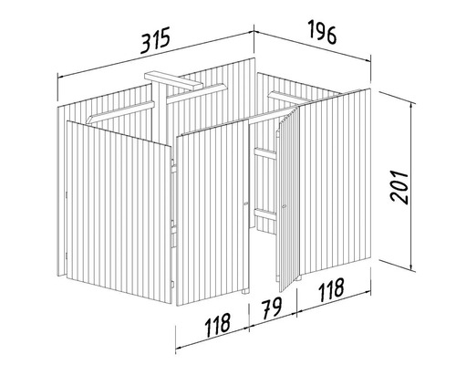 Teknisk ritning av ett trädgårdshus med måttangivelser