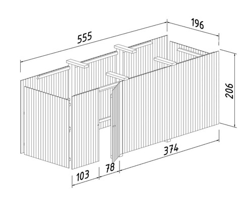 Teknisk ritning av ett trädgårdsskjul med mått.