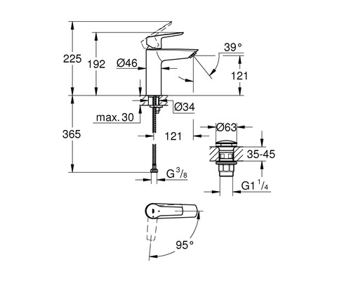 Teknisk ritning av en vattenkran med mått