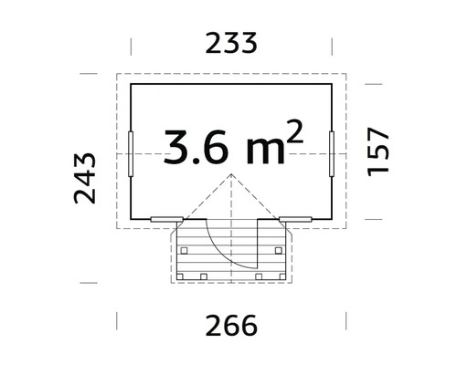 Planritning av ett trädgårdshus med måtten 233 gånger 243 centimeter och en yta på 3,6 kvadratmeter