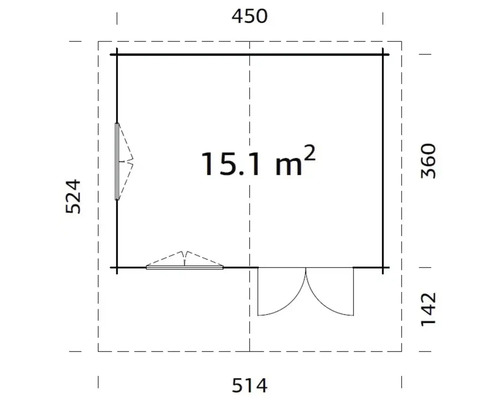 Planritning av ett trädgårdshus med area och dimensioner angivna