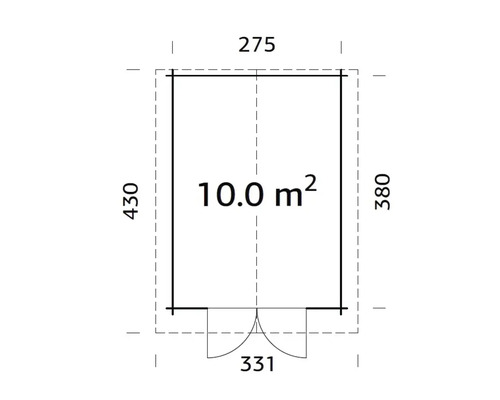 Ritning av ett trädgårdshus med måtten 275 x 430 x 380 x 331 och en yta på 10 kvadratmeter