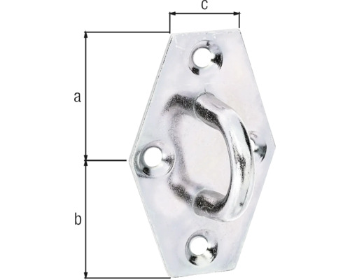 Metallisk takkrok med fästplatta och mått.