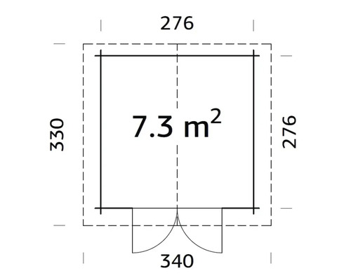 Planritning över trädgårdshuset med ytangivelse 7,3 kvadratmeter och mått.