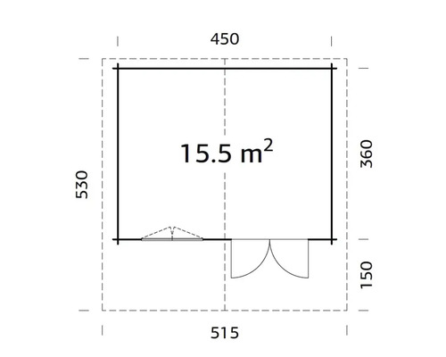 Planritning av ett trädgårdshus med mått och en yta på 15,5 kvadratmeter