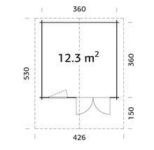 Planritning av ett trädgårdshus med måtten 426 gånger 530 centimeter och en yta på 12,3 kvadratmeter