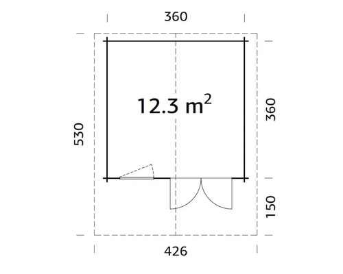 Planritning av ett trädgårdshus med måtten 426 gånger 530 centimeter och en yta på 12,3 kvadratmeter