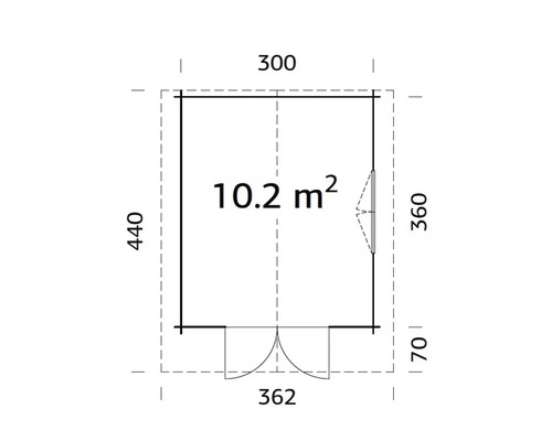 Ritning av ett trädgårdshus med måtten 300 x 440 centimeter och en yta på 10,2 kvadratmeter
