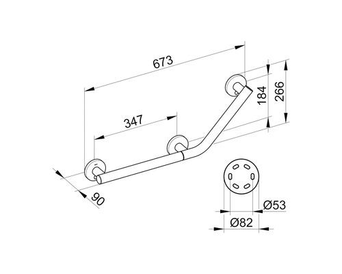 Teknisk ritning av ett vinkelhandtag med dimensioner