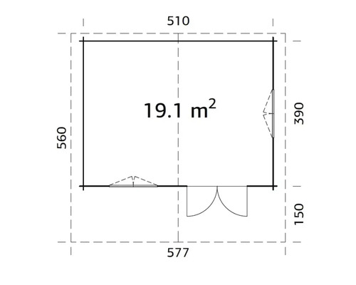 Planritning med mått: 510 x 577 centimeter, yta: 19,1 kvadratmeter