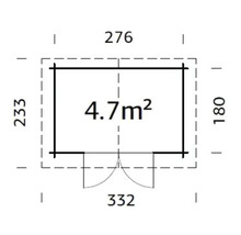 Ritningsplan för ett trädgårdshus med måtten 276 x 332 x 233 x 180 centimeter och en yta på 4,7 kvadratmeter
