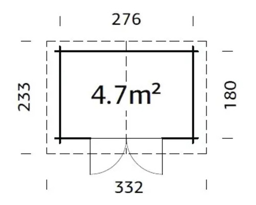 Ritningsplan för ett trädgårdshus med måtten 276 x 332 x 233 x 180 centimeter och en yta på 4,7 kvadratmeter