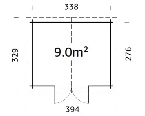 Ritning av ett trädgårdshus med måtten 338 x 329 x 276 x 394 centimeter och en yta på 9 kvadratmeter.