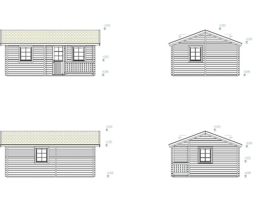 Teknisk ritning av ett trädgårdshus med dörr och fönster