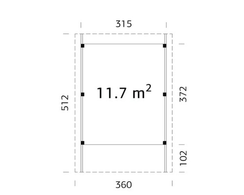 Ritning med måtten 315 x 360 cm, yta 11,7 m²