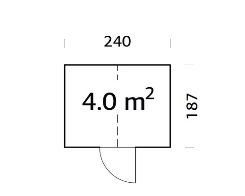 Ritning med måtten 240 x 187 centimeter och en yta på 4,0 kvadratmeter