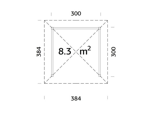 Planritning av ett trädgårdshus med en yta på 8.3 kvadratmeter och måtten 300 gånger 384 centimeter.
