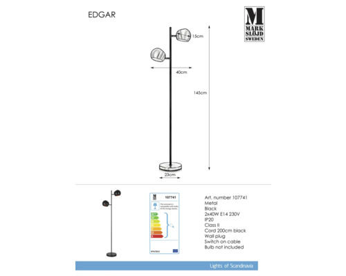 Teknisk ritning av en svart Edgar golvlampa i metall med två lampor och måttangivelser