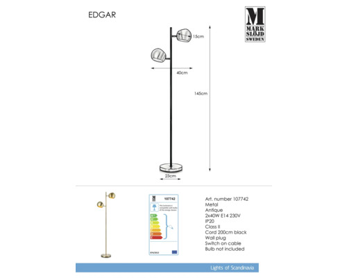 Edgar golvlampa i metall med två lampor och produktinformation