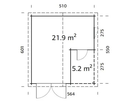 Ritning av ett trädgårdshus med mått i meter