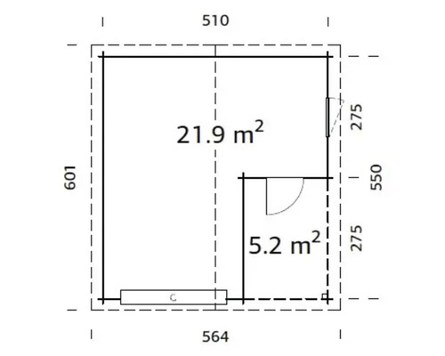 Planritning över ett trädgårdshus med måtten 510 x 564 x 601 cm och en total yta på 27,1 kvadratmeter.
