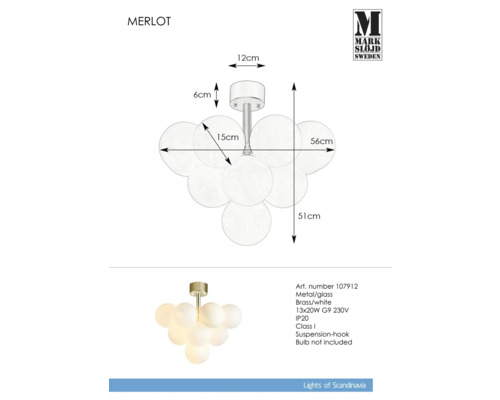 Teknisk ritning och produktfoto av Merlot taklampa i metall och glas med måtten 56 x 51 centimeter