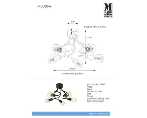Medusa taklampa av metall, fem glödlampor, 70 cm bred