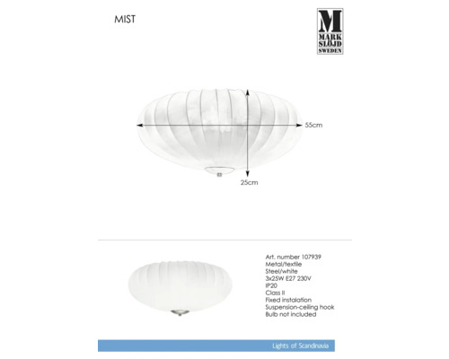 Taklampa av metall och textil, 55x25 cm