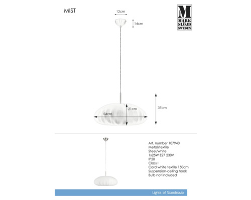 Teknisk ritning av hänglampa i metall och textil som mäter 54 x 37 centimeter