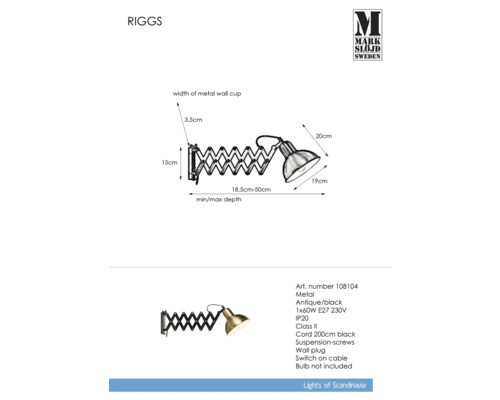 Riggs vägglampa av metall med strömbrytare på kabeln, glödlampa ingår inte
