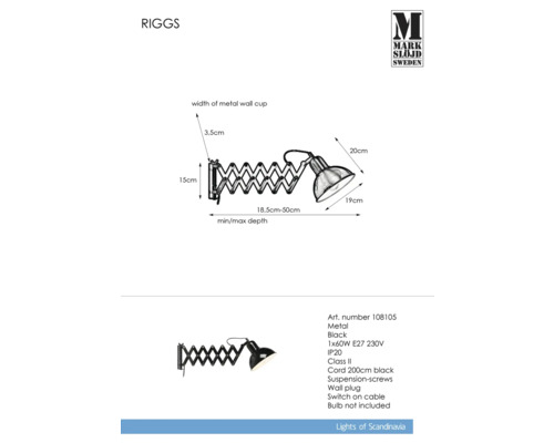 Teknisk ritning av den svarta metallvägglampan med måtten