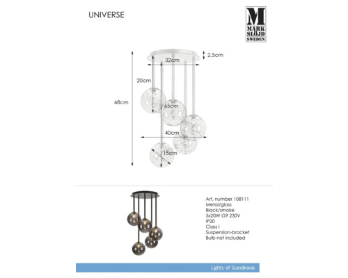 Teknisk ritning av Universe pendellampa med mått, materialinformation och tillverkarens logotyp Mark Slöjd Sweden.