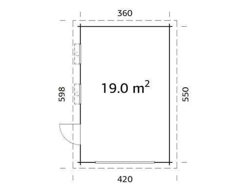 Planritning med måtten 360 gånger 598 gånger 550 gånger 420 centimeter, yta 19 kvadratmeter