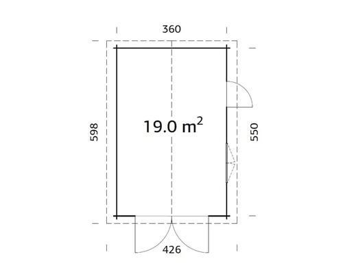 Ritning av ett trädgårdshus med måtten 360 x 598 cm och en yta på 19 kvadratmeter.