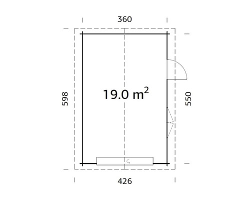 Planritning över ett trädgårdshus med måtten 360 gånger 598 centimeter och en yta på 19 kvadratmeter.