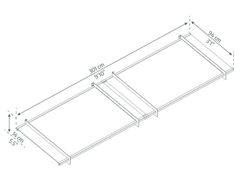 Teknisk ritning av en underram med måtten 301 x 94 x 14 centimeter