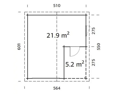Planritning med mått på ett hus med två rum