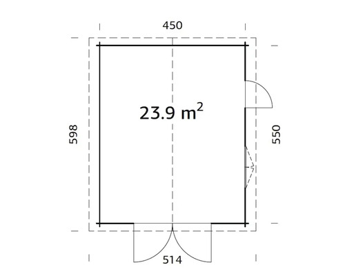 Planritning över ett trädgårdshus med måtten 450 gånger 598 centimeter och en yta på 23,9 kvadratmeter.