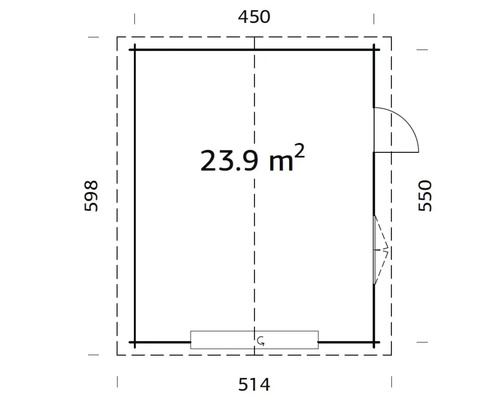 Ritningsvy av ett trädgårdshus med måtten 450 x 598 x 514 x 550 cm och en yta på 23,9 kvadratmeter