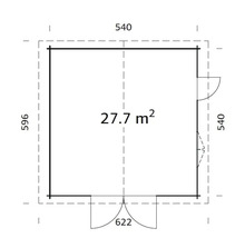 Planritning av ett trädgårdshus med måtten 540 x 596 cm och en yta på 27,7 kvadratmeter.