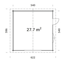 Planritning av ett trädgårdshus med måtten 540 x 622 x 596 cm och en yta på 27,7 m²