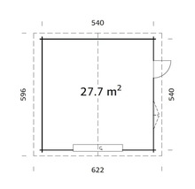 Ritning av ett trädgårdshus med måtten 540 gånger 622 centimeter och en yta på 27,7 kvadratmeter.