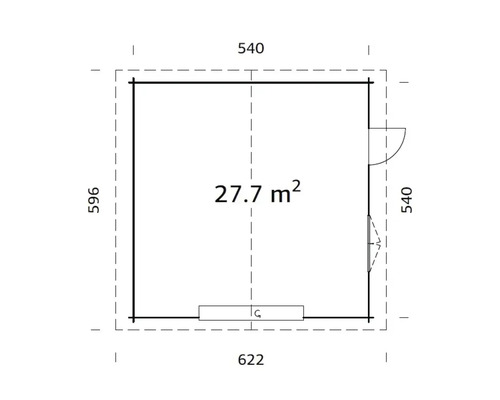 Ritning av ett trädgårdshus med måtten 540 gånger 622 centimeter och en yta på 27,7 kvadratmeter.